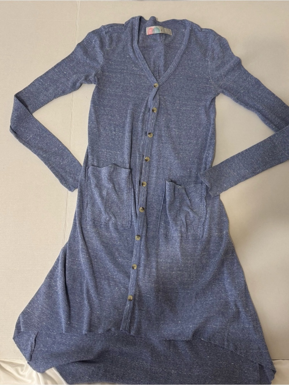Long Button-Front V-Neck Dress Cardigan in Heather Blue